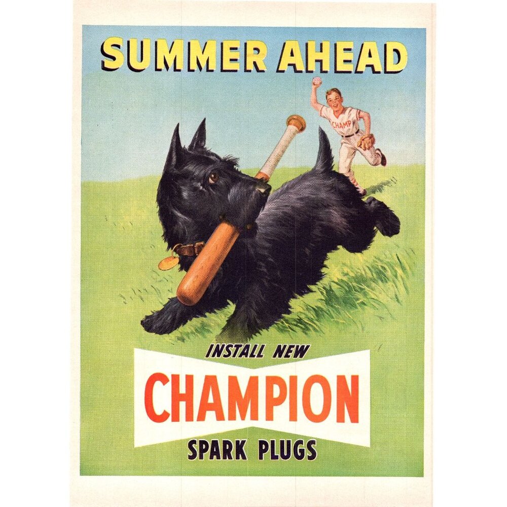 1950 Champion Spark Plugs Scottie Dog Little Boy Baseball Vintage Print Ad Art